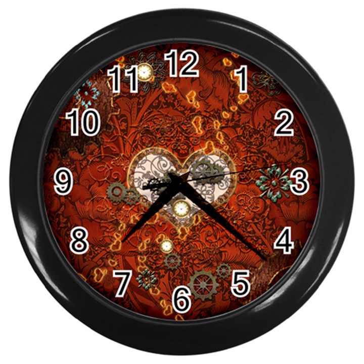 Steampunk, Wonderful Heart With Clocks And Gears On Red Background Wall Clocks (Black)