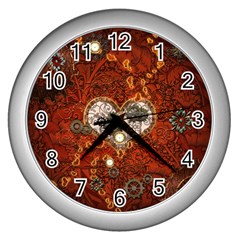 Steampunk, Wonderful Heart With Clocks And Gears On Red Background Wall Clocks (silver) 