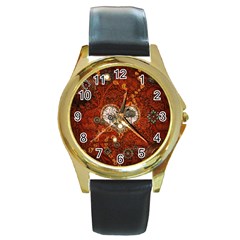 Steampunk, Wonderful Heart With Clocks And Gears On Red Background Round Gold Metal Watch