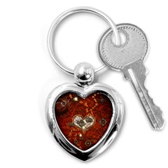 Steampunk, Wonderful Heart With Clocks And Gears On Red Background Key Chains (heart) 