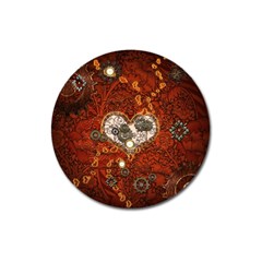 Steampunk, Wonderful Heart With Clocks And Gears On Red Background Magnet 3  (round)