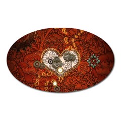 Steampunk, Wonderful Heart With Clocks And Gears On Red Background Oval Magnet