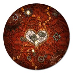 Steampunk, Wonderful Heart With Clocks And Gears On Red Background Magnet 5  (round) by FantasyWorld7