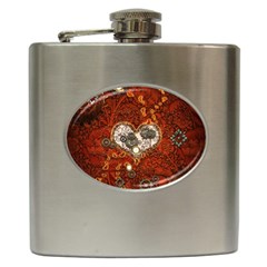 Steampunk, Wonderful Heart With Clocks And Gears On Red Background Hip Flask (6 Oz)