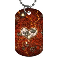 Steampunk, Wonderful Heart With Clocks And Gears On Red Background Dog Tag (two Sides)