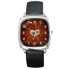 Steampunk, Wonderful Heart With Clocks And Gears On Red Background Square Metal Watch