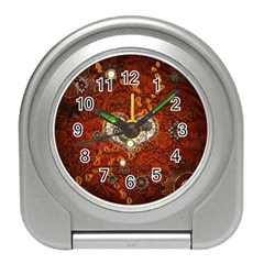 Steampunk, Wonderful Heart With Clocks And Gears On Red Background Travel Alarm Clocks