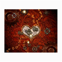 Steampunk, Wonderful Heart With Clocks And Gears On Red Background Small Glasses Cloth