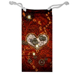 Steampunk, Wonderful Heart With Clocks And Gears On Red Background Jewelry Bags