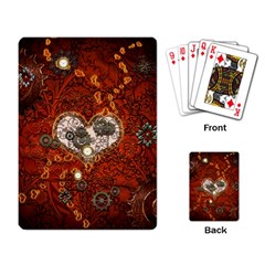 Steampunk, Wonderful Heart With Clocks And Gears On Red Background Playing Card by FantasyWorld7