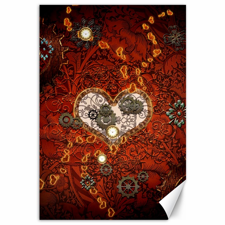 Steampunk, Wonderful Heart With Clocks And Gears On Red Background Canvas 12  x 18  