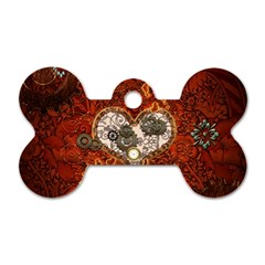 Steampunk, Wonderful Heart With Clocks And Gears On Red Background Dog Tag Bone (one Side) by FantasyWorld7