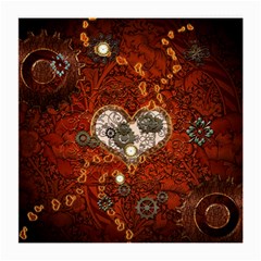 Steampunk, Wonderful Heart With Clocks And Gears On Red Background Medium Glasses Cloth