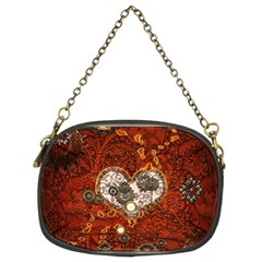 Steampunk, Wonderful Heart With Clocks And Gears On Red Background Chain Purses (two Sides) 