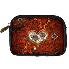 Steampunk, Wonderful Heart With Clocks And Gears On Red Background Digital Camera Cases