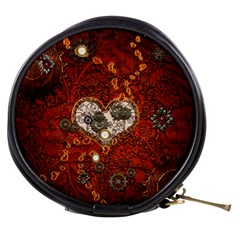 Steampunk, Wonderful Heart With Clocks And Gears On Red Background Mini Makeup Bags