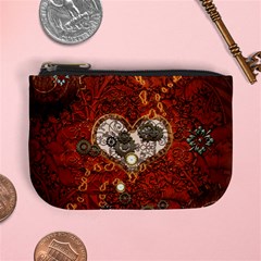 Steampunk, Wonderful Heart With Clocks And Gears On Red Background Mini Coin Purses by FantasyWorld7