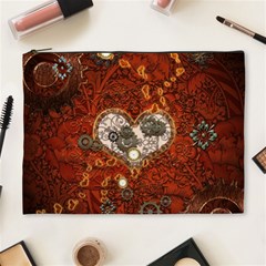 Steampunk, Wonderful Heart With Clocks And Gears On Red Background Cosmetic Bag (xl)