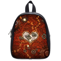 Steampunk, Wonderful Heart With Clocks And Gears On Red Background School Bags (small)  by FantasyWorld7