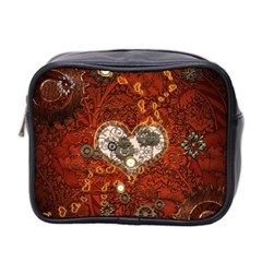 Steampunk, Wonderful Heart With Clocks And Gears On Red Background Mini Toiletries Bag 2-side