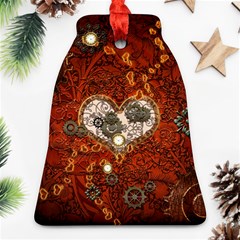 Steampunk, Wonderful Heart With Clocks And Gears On Red Background Bell Ornament (2 Sides)