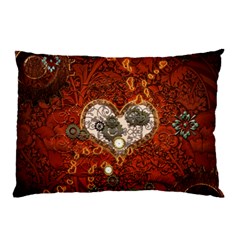 Steampunk, Wonderful Heart With Clocks And Gears On Red Background Pillow Case (two Sides) by FantasyWorld7