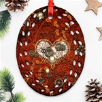 Steampunk, Wonderful Heart With Clocks And Gears On Red Background Ornament (Oval Filigree)  Front