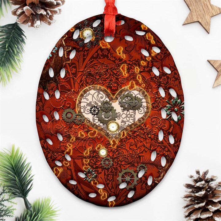 Steampunk, Wonderful Heart With Clocks And Gears On Red Background Ornament (Oval Filigree) 