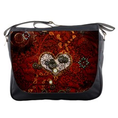 Steampunk, Wonderful Heart With Clocks And Gears On Red Background Messenger Bags