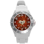 Steampunk, Wonderful Heart With Clocks And Gears On Red Background Round Plastic Sport Watch (L)