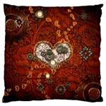 Steampunk, Wonderful Heart With Clocks And Gears On Red Background Large Cushion Case (One Side)