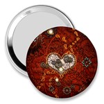 Steampunk, Wonderful Heart With Clocks And Gears On Red Background 3  Handbag Mirrors