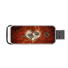 Steampunk, Wonderful Heart With Clocks And Gears On Red Background Portable Usb Flash (two Sides)