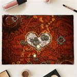 Steampunk, Wonderful Heart With Clocks And Gears On Red Background Cosmetic Bag (XXL) 