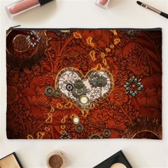 Steampunk, Wonderful Heart With Clocks And Gears On Red Background Cosmetic Bag (xxxl) 