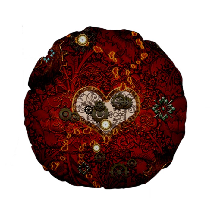 Steampunk, Wonderful Heart With Clocks And Gears On Red Background Standard 15  Premium Round Cushions