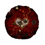 Steampunk, Wonderful Heart With Clocks And Gears On Red Background Standard 15  Premium Round Cushions Back