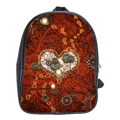 Steampunk, Wonderful Heart With Clocks And Gears On Red Background School Bags (xl)  by FantasyWorld7