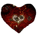 Steampunk, Wonderful Heart With Clocks And Gears On Red Background Large 19  Premium Heart Shape Cushions