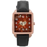 Steampunk, Wonderful Heart With Clocks And Gears On Red Background Rose Gold Leather Watch 