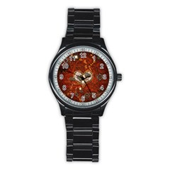 Steampunk, Wonderful Heart With Clocks And Gears On Red Background Stainless Steel Round Watch