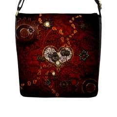 Steampunk, Wonderful Heart With Clocks And Gears On Red Background Flap Messenger Bag (l)  by FantasyWorld7