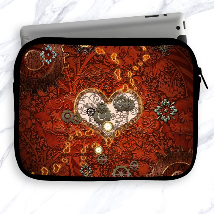 Steampunk, Wonderful Heart With Clocks And Gears On Red Background Apple iPad 2/3/4 Zipper Cases