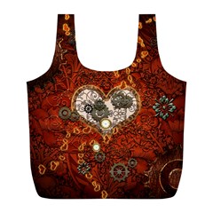 Steampunk, Wonderful Heart With Clocks And Gears On Red Background Full Print Recycle Bags (l) 