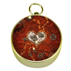 Steampunk, Wonderful Heart With Clocks And Gears On Red Background Gold Compasses