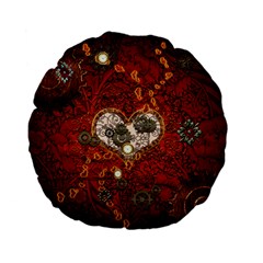 Steampunk, Wonderful Heart With Clocks And Gears On Red Background Standard 15  Premium Flano Round Cushions by FantasyWorld7