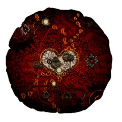 Steampunk, Wonderful Heart With Clocks And Gears On Red Background Large 18  Premium Flano Round Cushions