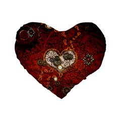 Steampunk, Wonderful Heart With Clocks And Gears On Red Background Standard 16  Premium Flano Heart Shape Cushions