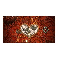 Steampunk, Wonderful Heart With Clocks And Gears On Red Background Satin Shawl by FantasyWorld7