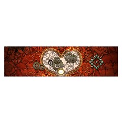 Steampunk, Wonderful Heart With Clocks And Gears On Red Background Satin Scarf (oblong) by FantasyWorld7